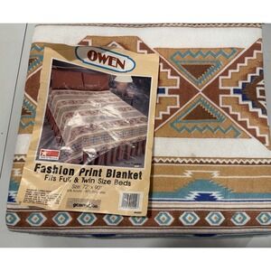 Vintage Native Indian Aztec Brown Orange Blue Full/Twin Owen Blanket 72"x90" New